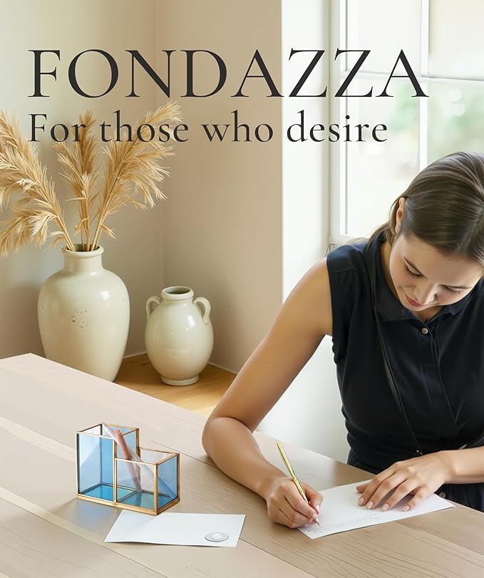 FONDAZZA Gold & Blue Glass Desk Organizer - Elegant Office Decor, Aesthetic Makeup Brush Holder, 2-Compartment Pen Holder, Pencil Cup, Vanity & Cosmetic Storage, Desk Accessories for Women