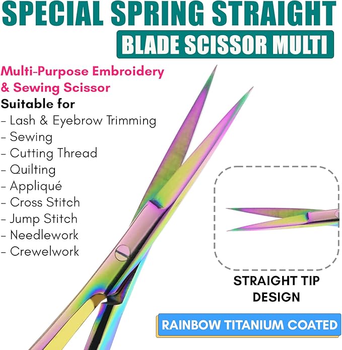 Cross Edge Spring Scissors 5 Inch straight Stainless Steel Precision Eyebrow & Eyelash Shaping & Trimming Scissor, Snips Squeeze, Embroidery, Knitting Micro Tip Craft Scissors (Rainbow)
