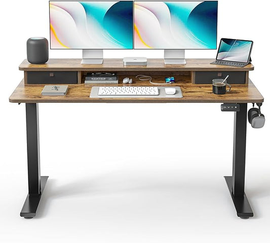 FEZIBO 55'' x 24'' Height Adjustable Electric Standing Desk with Double Drawer, Computer Workstation, Home Office Stand Up Table with 4 Height-Adjustable Feets & 2 Hooks, Vintage Brown