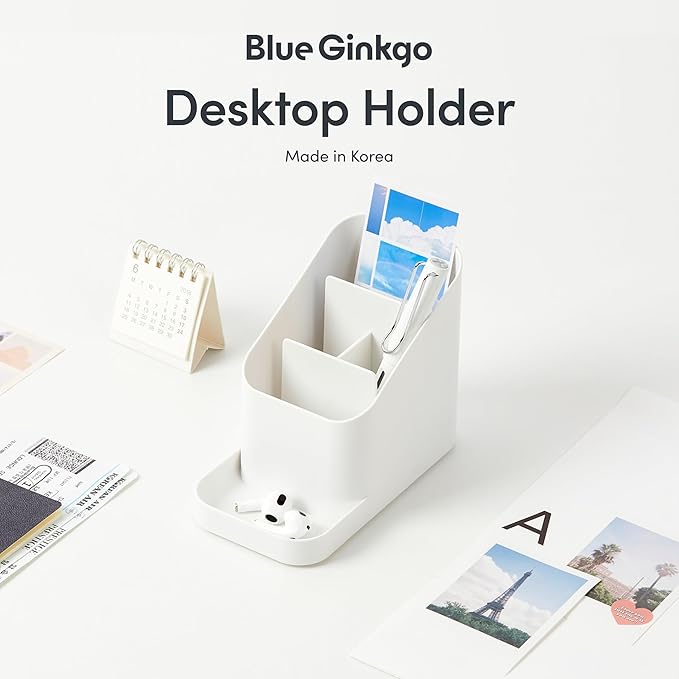 BLUE GINKGO Desk Holder – Korean-Made Office Organizer for Pencils, Pens, Notes, and Desk Supplies (White)