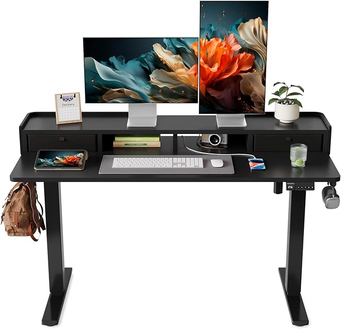 YIHAYO Electric Standing Desk with Drawers, 55 x 24 Inches Adjustable Desk with Storage Shelf, Stand Up Desk with Splice Board, Computer Table for Home Office, Black Frame/Black Top
