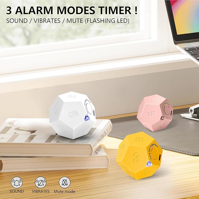 Mini 12 Sided Cube Timer, 11 Preset Times Pomodoro Timer for Enhanced Productivity. Ideal for ADHD Management, Workout, Study & Kitchen Cooking. Easy to Use (Pink)
