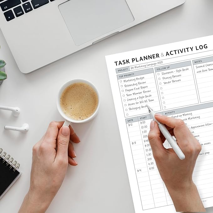 Task Planner & Tracker 8.5 x 11 Tear-Off 70 Sheet Planner Pad – Project Organizer with Time Log, Top Priority, Follow-Up – Notepad for Home & Office (White, Classic, 2 Pack)