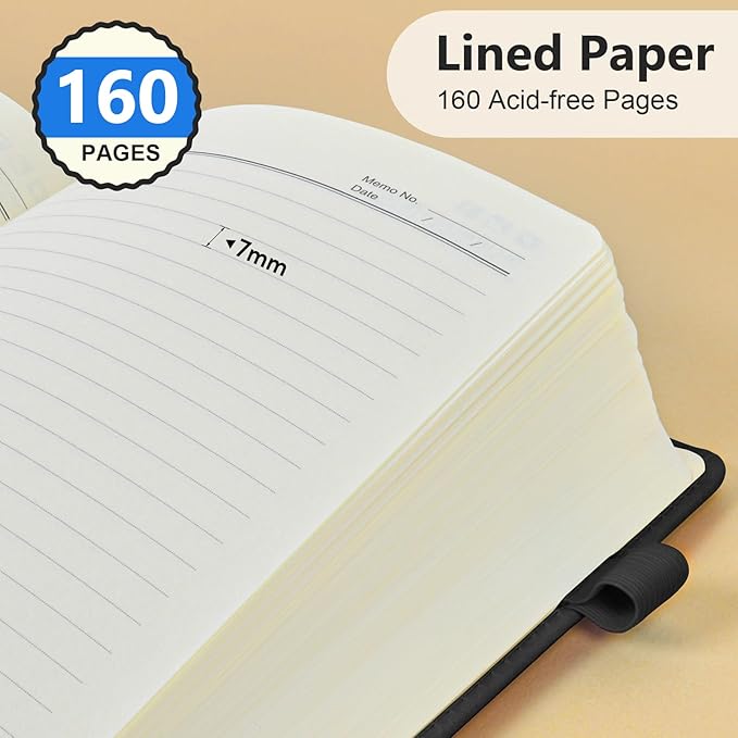 PERCUN Lined Journal Notebook for Men & Women, 160 Pages College Ruled Journal for Writing, A5 Hardcover Leather Notebooks for Work, School, Business, Travel, Daily Diary 5.9" x 8.5" (Black)