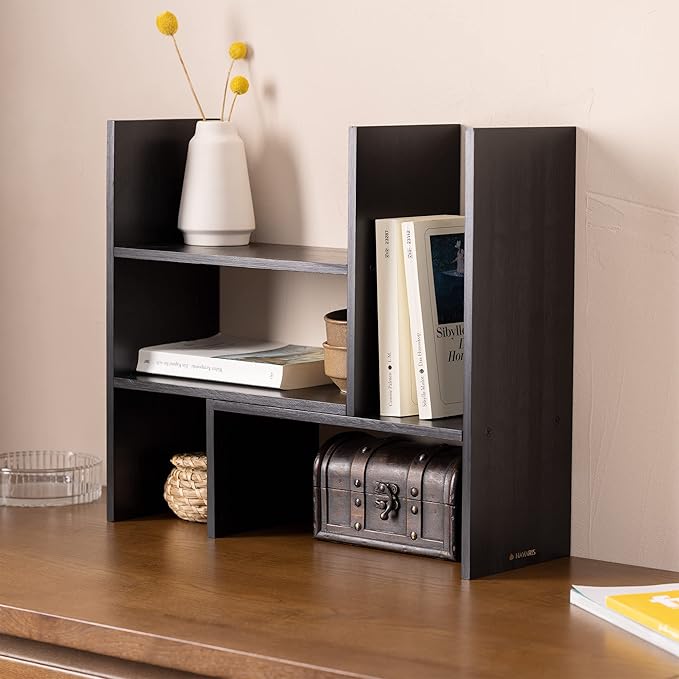 Navaris Desk Organizer Shelf Unit - Desktop Shelves for Table or Countertop - Free-Standing Adjustable Bamboo Shelving for Kitchen or Office - Black