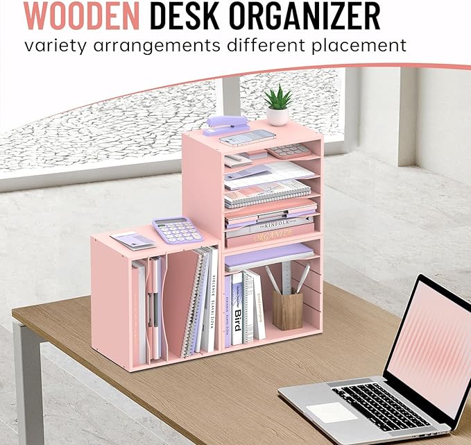 SHARKWOODS 5-Tier Wood Desk Organizer, Paper Tray Organizer for Desk with Adjustable Storage Shelves, Desktop File Organization Paper Sorter Mail Holder for Office Home Classroom, Pink