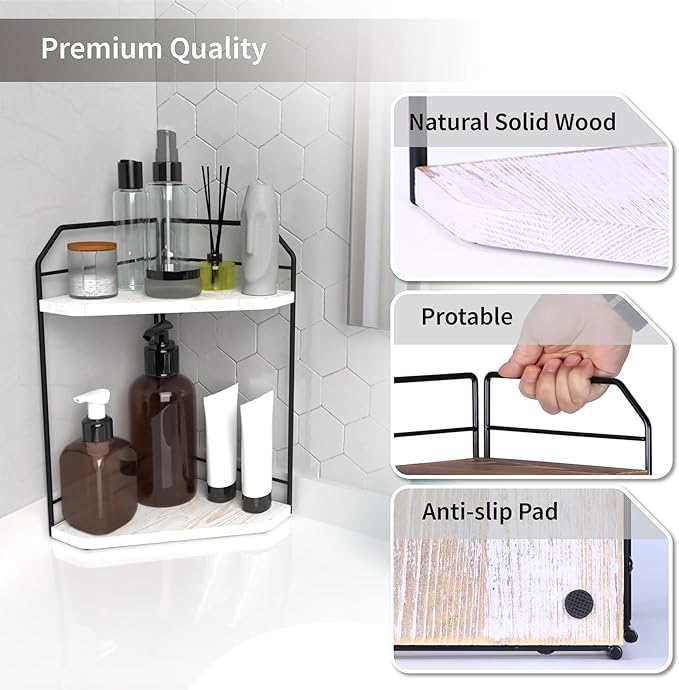 INIUNIK Corner Bathroom Counter Organizer - 2 Tier Wood Vanity Counter Shelf Perfume Skincare Holder, Countertop Corner Shelf Organizer for Bathroom, Kitchen, Rustic White