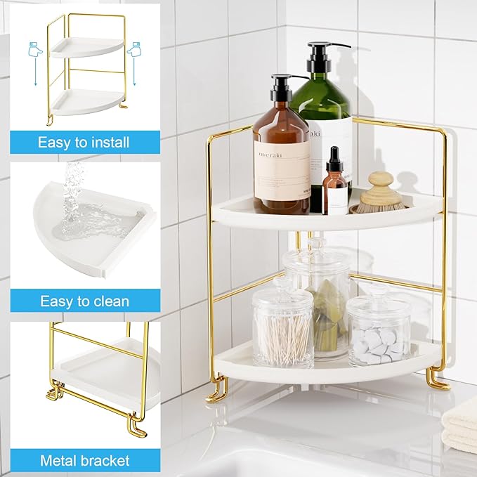 FSyueyun 2-Tier Corner Bathroom Counter Organizer, Tool-Less Installation Vanity Shelf Small Plastics Countertop Makeup Tray Skincare Perfume Organizers (Gold)