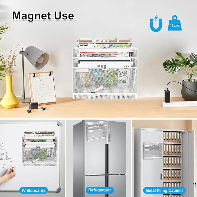 KZWKRG 4 Tier Magnetic File Holder, Large Capacity Mesh Hanging Wall Organizer Vertical Magnetic Hanging File Organizer, Magnetic File Folder Holder for File Cabinets, Office, Whiteboard (White)