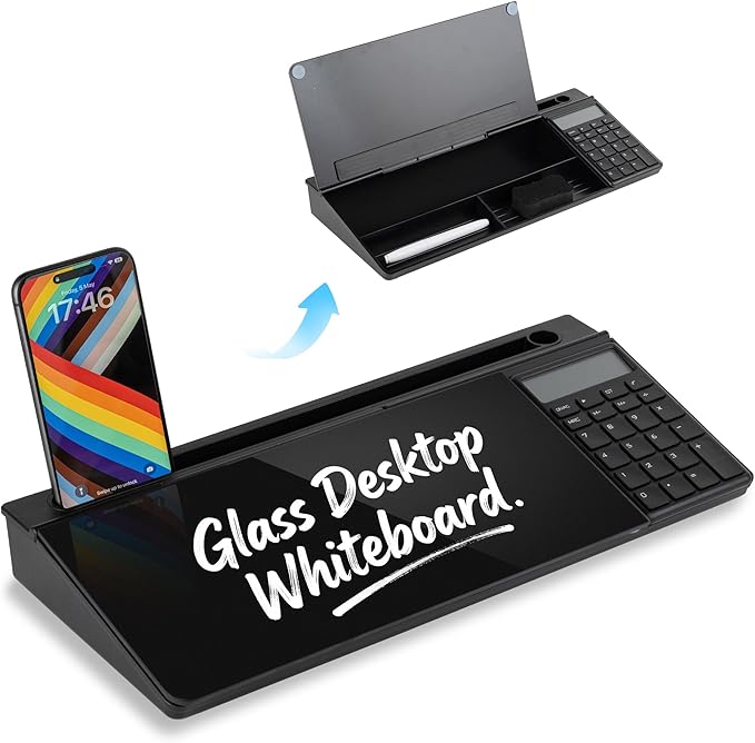 Glass Desktop Whiteboard with Calculator & Storage, Desk Dry Erase Note Memo Board, Compact Desk Organizer for Desk, Office, School Supplies, Black, 2026