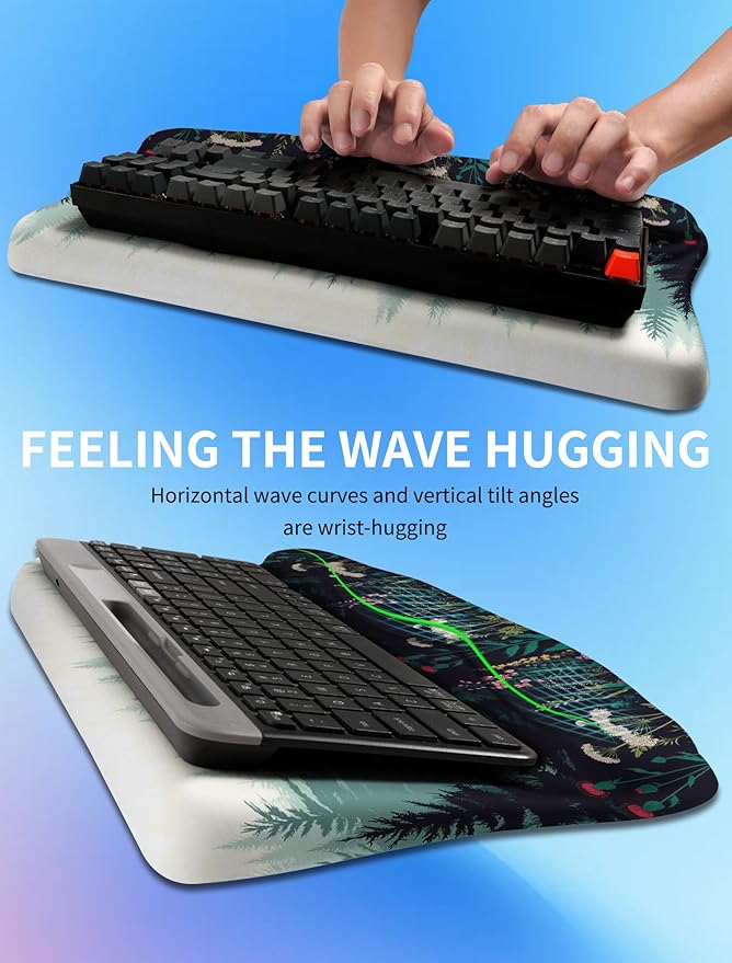 KUOSGM Ergonomic Wave Wrist Rest with Keyboard Stand, Cushioned Palm Rest, Comfortable Integrated Memory Foam for Natural Typing and Relieve Wrist Pain, Flower Sea Forest