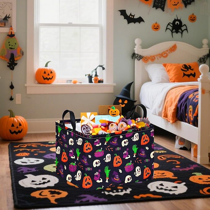 FUULOXE Halloween Ghost Storage Basket with Handles Pumpkin Open Gifts&Candy Spooky Basket stuffers for Kids Baby Collapsible Women Organizer Bins Toys Boxes for Shelves Home Office