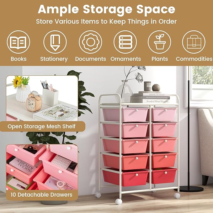 HAPPYGRILL 10-Drawer Rolling Storage Cart, Storage Organizer Cart with Lockable Wheels, Beauty Salon Movable Utility Cart for School, Office, Home, (Pink)