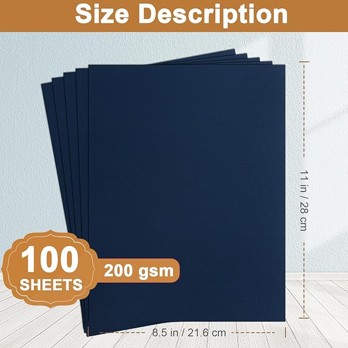 Silunkia 100 Sheets Navy Blue Cardstock 8.5 x 11 Scrapbooking Paper, 200gsm/75lb Dark Blue Card Stock Certificate Paper for Cards Making, Greeting Cards, Wedding Invitations, Menus