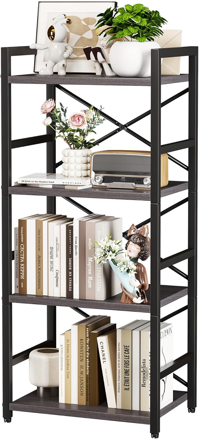 Homeiju Grey Bookshelf, 4 Tier Small Bookcase for CD/Movie/Book, Book Shelf Organization and Storage for Bedroom, Kid's Room, and Home Furniture (Grey)