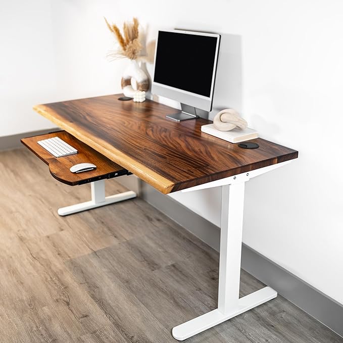 Standing Desk with Keyboard Tray – Walnut Solid Wood Desk, Natural Live Edge, Adjustable Height Dual Motor, Sit Stand for Home Office (White, W60 x D27)