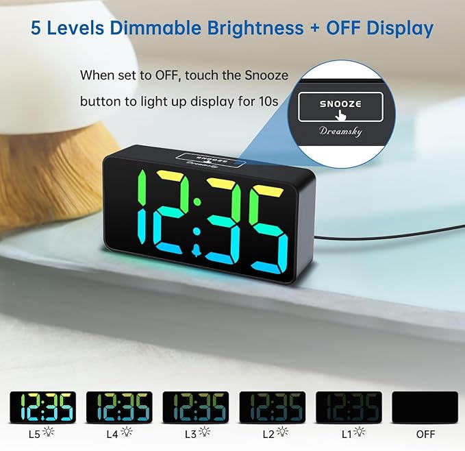 DreamSky Small Digital Alarm Clocks for Bedrooms - RGB Electric Alarm Clock for Kids Bedside Nightstand, Desk Clock with Large Numbers, Dimmer, Adjustable Alarm Volume, USB Port, USB-C Adapter Powered