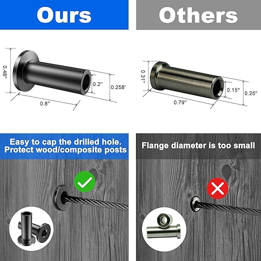 BLIKA 80 Pack Black Stainless Steel Protector Sleeves for 1/8" 5/32" or 3/16" Deck Cable Railing, for Wood/Composite Posts, T316 Marine Grade, Black Cable Railing Protector Sleeves