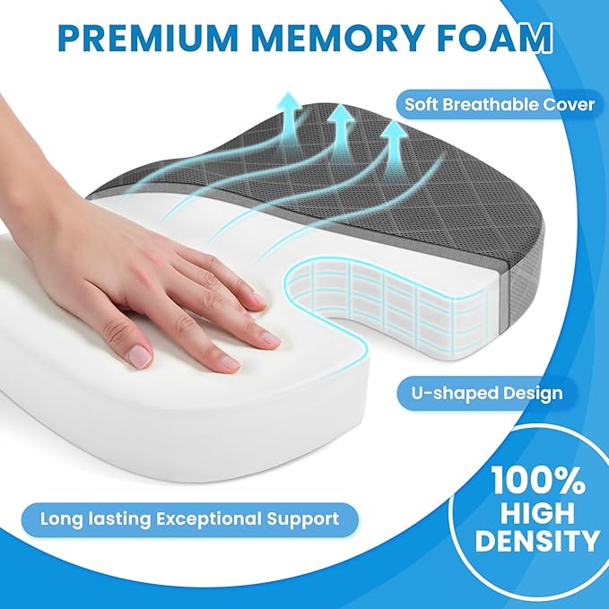 TushGuard Office/Car Seat Cushion, Non-Slip Sciatica & Back Coccyx Tailbone Pain Relief Chair Pad, Memory Foam Butt Pillow for Computer Desk, Wheelchair, Driving (Black&Grey, XX-Large)