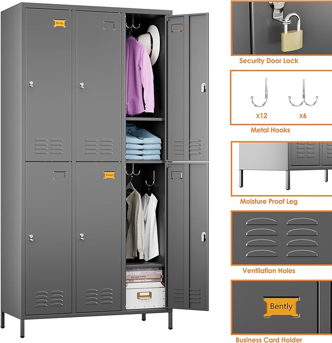 SUPEER 6 Doors Metal Lockers for Employees with 18 Hooks, Metal Employes Lockers with Ventilation Holes for School Garage Office Gym Home,Assembly Required,Dark Grey
