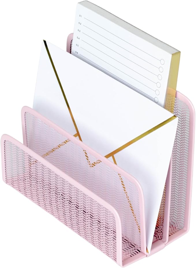 BLU MONACO | Pink Metal Mesh Letter Sorter with 3 Slots | Vertical Mail Organizer for Desk, Office & Home | Stylish Mail Holder for Envelopes, Documents & Files