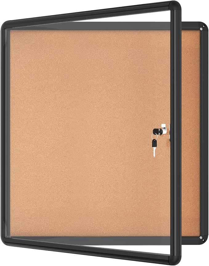 Mifuro 28"x26" Enclosed Bulletin Board, Lockable Weather-Resistant Aluminum Cork Noticeboard for School & Office, Black Frame w/Cork