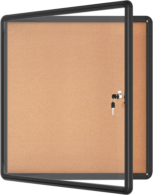 Mifuro 28"x26" Enclosed Bulletin Board, Lockable Weather-Resistant Aluminum Cork Noticeboard for School & Office, Black Frame w/Cork