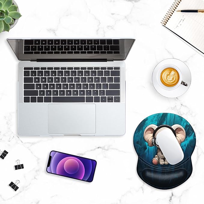 ITNRSIIET Ergonomic Mouse Pad with Gel Wrist Support Small Wrist Rest Smooth Surface Non-Slip PU Base Comfortable Office Supplies Pain Relief, 8.7 x 7.2 inches, Pretty Elephant