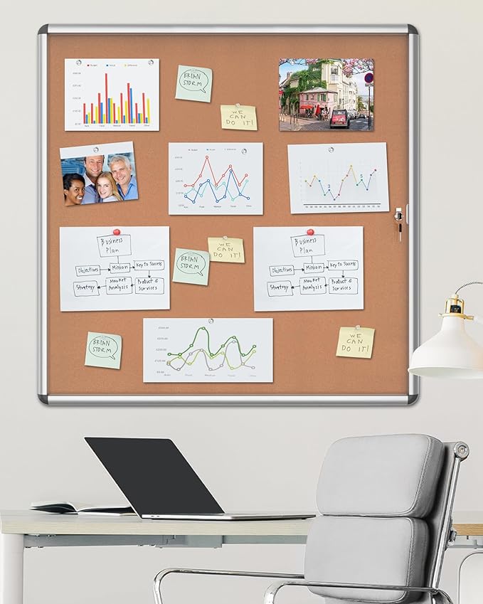 Mifuro 38"x38" Enclosed Bulletin Board, Lockable Weather-Resistant Aluminum Cork Noticeboard for School & Office, Silver Frame w/Cork