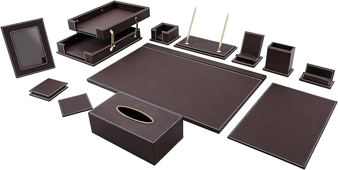 RitPin Desk Set, 11-Piece All-in-One – Executive Desk Accessories & Office Supplies, Leather Desk Organizer with Desk Pad & Blotter, 2-Tier Letter Tray, Luxury Office Desk Decor & Boss Gifts (Brown)