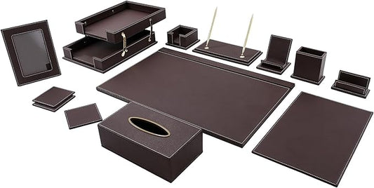 RitPin Desk Set, 11-Piece All-in-One – Executive Desk Accessories & Office Supplies, Leather Desk Organizer with Desk Pad & Blotter, 2-Tier Letter Tray, Luxury Office Desk Decor & Boss Gifts (Brown)