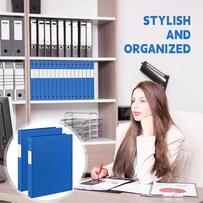 Henoyso 16 Pcs 3 Ring Binder 0.5 Inch Round Fits Letter Size 8.5'' x 11'' Paper Plastic Flexible Binder Bulk Holds 140 Sheets with 1 Pockets Versatile Organizer for Home Office School (Blue)