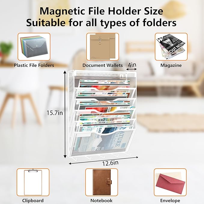 KZWKRG 6 Tier Magnetic File Holder with Hook, Magnetic File Organizer Folder Holder, Wall File Organizer, Hanging Magnetic Paper Holder for File Cabinets, Office, Whiteboard, Magnetic Mail Holder