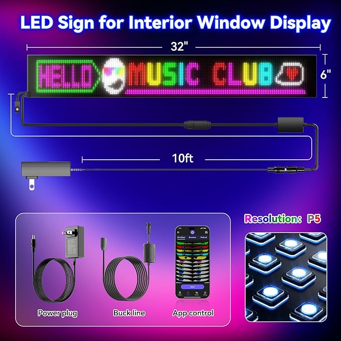 Large Programmable LED Sign, P5 Resolution Indoor Store LED Sign, Bluetooth APP, for Business Retail Shop Window Display (32"x 6")