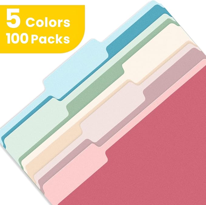 SUNEE File Folders Letter Size Retro Colors, 100 Pack Folders for Documents 1/3-Cut Tabs, Colored File Folders Office Home School for Documents Files Paper