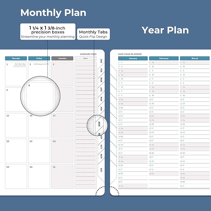 IN-LUXPRO Planner 2026 Daily Weekly and Monthly,11.5"x8.5",12 Months Spiral Bound Calendar Agenda with Self-adhesive Pen Holder,2026 Appointment Book with Vegan Leather Soft Cover,Blue