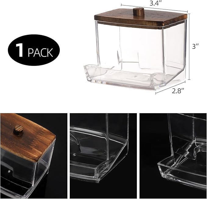 Tbestmax Bathroom Organizer Accessories Set-12/7 oz Qtips Holder Storage, Clear Cotton Ball/Swabs Dispenser, Plastic Square Apothecary Jars with Brown Wood Lids