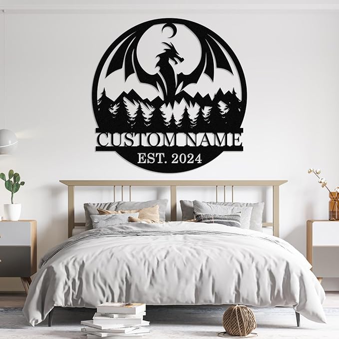 Dyoart Personalized Dragons Metal Signs - Custom Metal Dragon Wall Decor, Metal Name Sign, Black Western Dragons Metal Wall Art, Evil Dragons Signs Gift, Outdoor Metal Wall Art, Letter Wall Decor