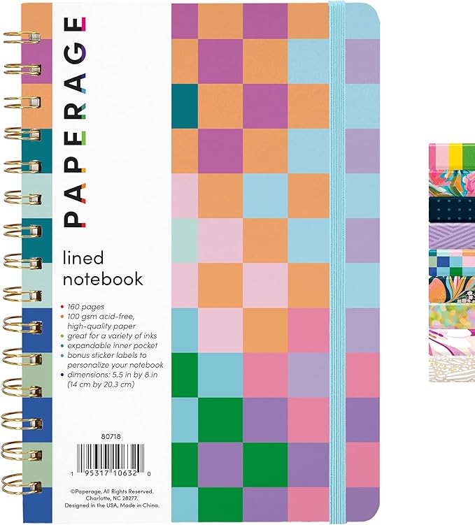 PAPERAGE Lined Spiral Journal Notebook, (Checkered Rainbow), 160 Pages, Hardcover Journal for Women & Men, Medium 5.5 in x 8 in - 100 GSM, Thick Paper, Spiral Notebook for Work, School & Journaling