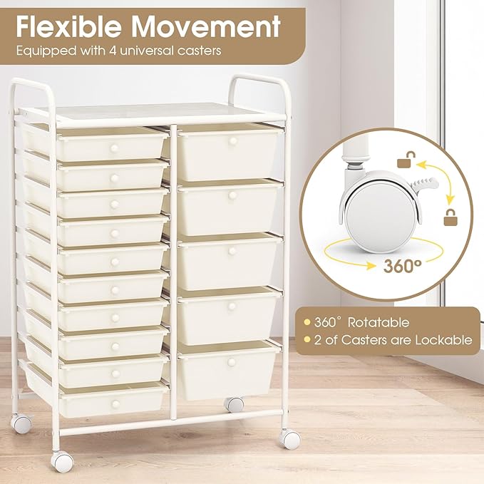 COSTWAY 15-Drawer Rolling Storage Cart, Mobile Utility Cart with Heavy-duty Frame & Lockable Wheels, Multipurpose Storage Organizer Cart for Tools, Paper, Drawer Cart for Home, Office, School, White