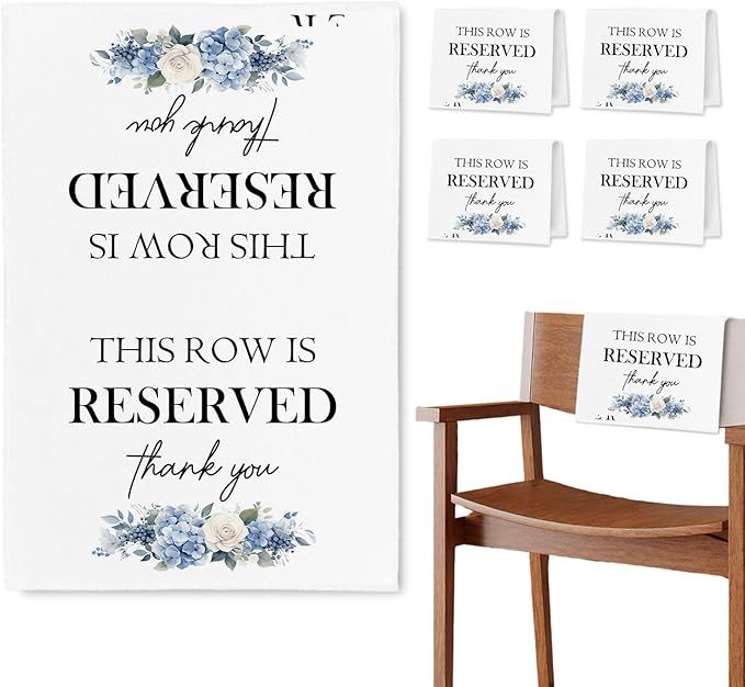 ChissNook Reserved Seating Chair Signs, This Row Is Reserved Pew Cloths Seating Placeholder for Church Pews, Wedding Decorations for Reception Parties Celebrations Event Meetings (Blue Floral, 4 PCS)