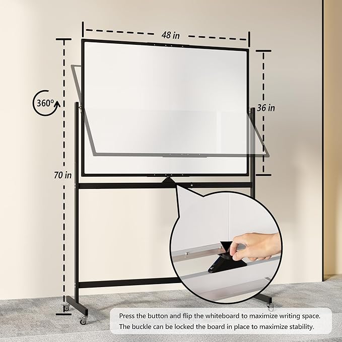 Neatsure Large Rolling Whiteboard on Wheels, 48" x 36" Double-Sided Mobile White Board with Stand, 4' x 3' Portable Standing Magnetic Dry Erase Board Easel for Home Office Classroom School, Black