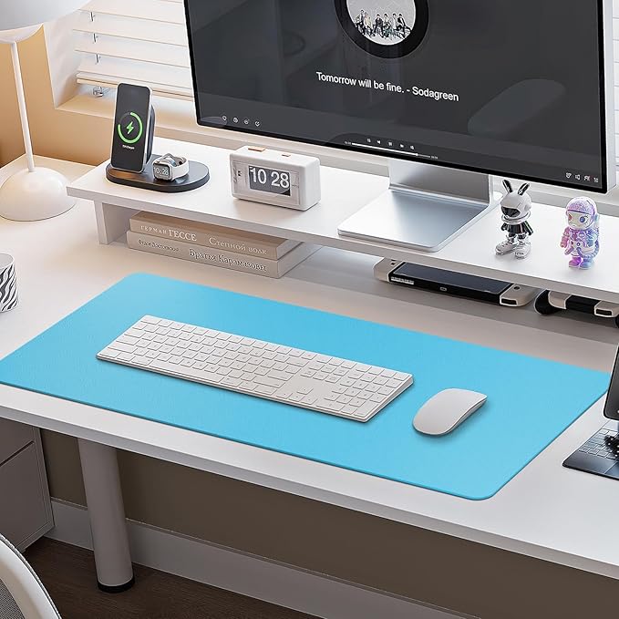 Boutilon Leather Desk Pad Protector,Non-Slip Mouse Pad,Laptop Desk Pad,Office Mouse Mat,Waterproof Leather Desk Blotter,Desk Writing Pad for Office and Home (L-Blue,35"x 17")