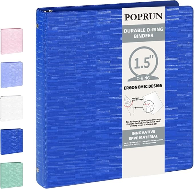 POPRUN 3 Ring Binder 1.5 Inch, PVC-Free, Holds 325 Sheets of 8.5 x 11 Paper, Extra Durable Organizer with 2 Pockets for School & Office, Heavy-Duty, 1 Pack, Prussian Blue