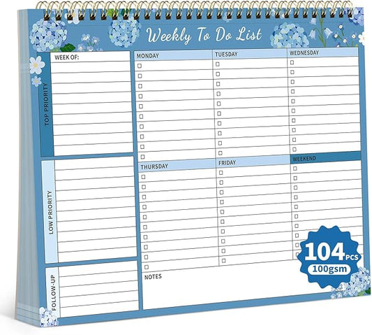 104 Pgs Weekly To Do List Notepad, 52 Duplex-Printed Undated Sheets 100 GSM（8.5"×11") Weekly Desk Planner For Work Home School Office Desk Accessories Supplies & Goal Setting Tasks -Blue Hydrangea
