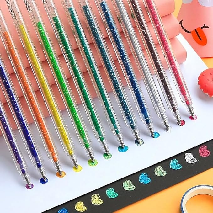 Grabie Glitter Gel Pens,12 Colors Gel Pens for Coloring,Metallic Vibrant Sparkle Colorful Pen, Colored Neon Gel Pens for Adult Coloring Books, Sparkle Pen, Gelly Roll Pens
