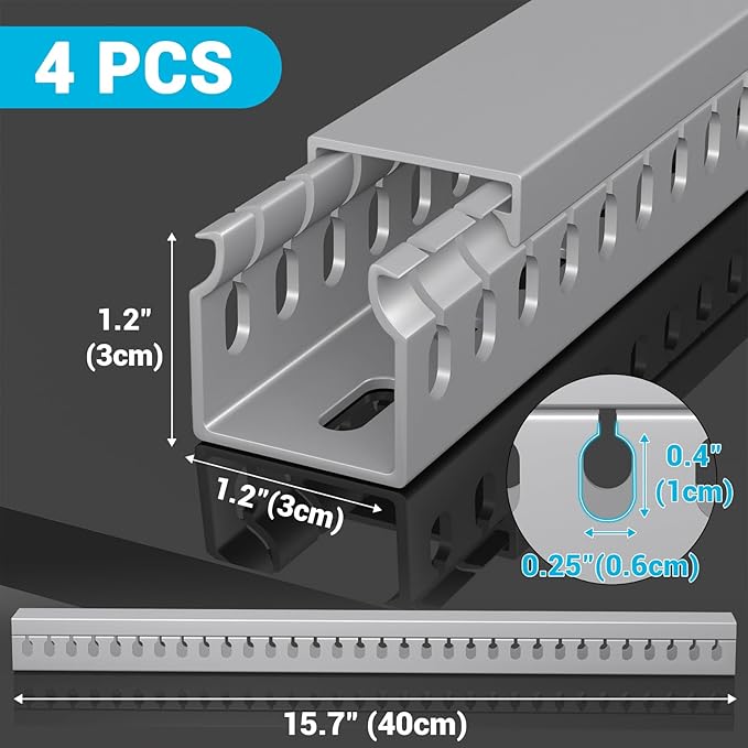 Open Slot Wire Duct Kit, 62.8"(4 x 15.7) Server Rack Cable Management, Cable Management Raceway for Hide Network HDMI VGA Cable, Wiring Raceway Cable Duct, Desk Wire Channel, 4 Pack, Grey