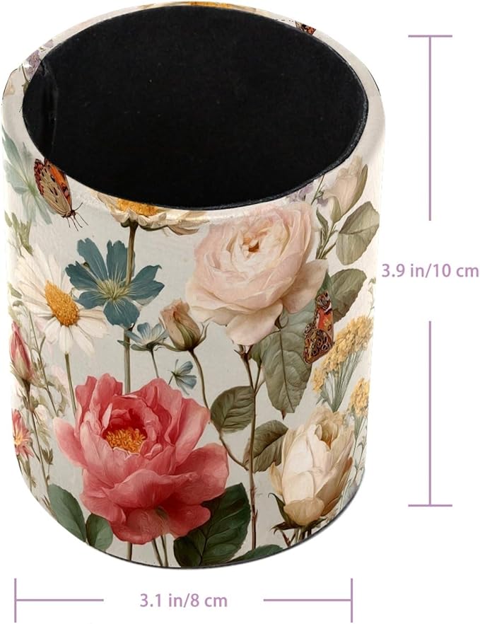 Leather Pen Holder for Desk Floral Butterflies Pretty Pencil Cup Desktop Organizer Makeup Brush Holders Office Supplies for Home, Kids & School