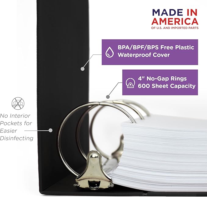Carstens 4-Inch Heavy Duty Round Ring Binder for Policy Manuals – Side Opening, Black, Case of 10, Durable Plastic, No Pockets, Holds 600 Sheets, Made in USA (1873-3RCS)