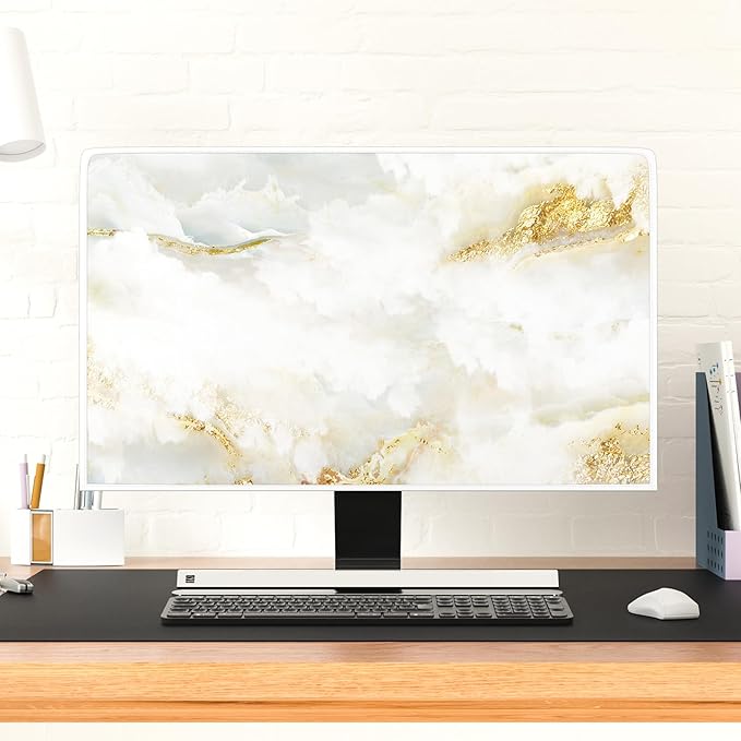 Baocicco White Gold Computer Monitor Cover with Abstract Texture Marble Design 26, 27, 28 Inch Panel Case Computer Monitor Covers Sleeve Compatible with PC Desktop and TV LCD/LED/HD Screen Cover
